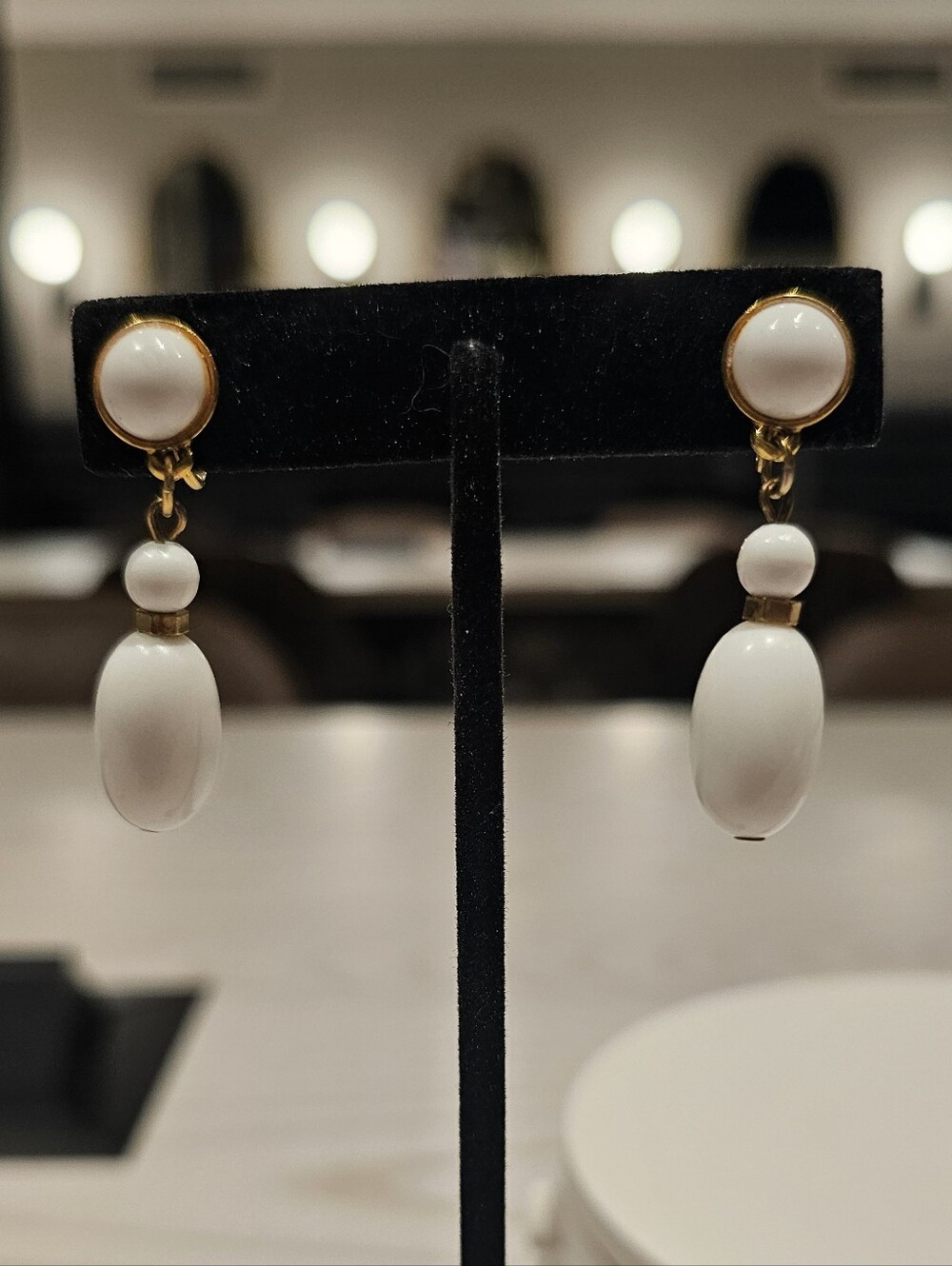 Vintage White Lucite Bead Dangle Clip On Earrings 1960s
